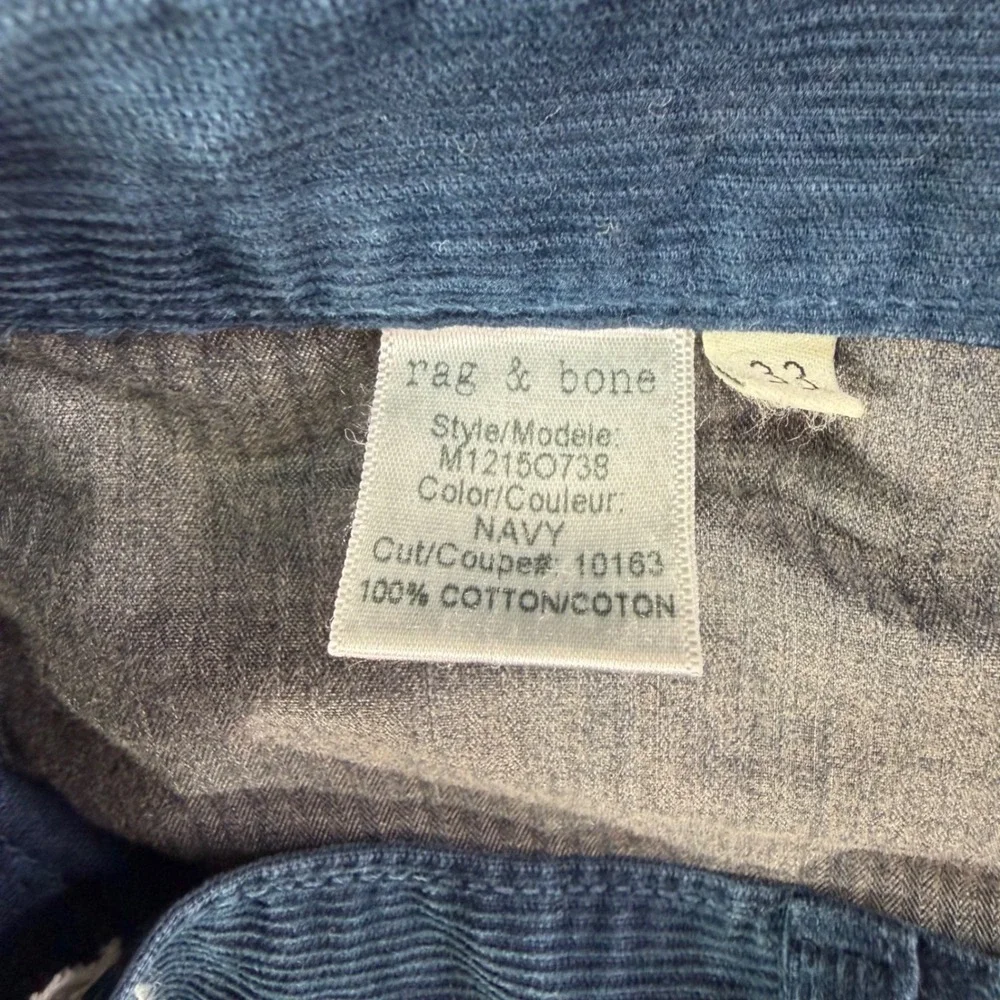 Rag & Bone Standard Issue Fit 3 Slim Straight Pants Men's 33x30 Blue Corduroy